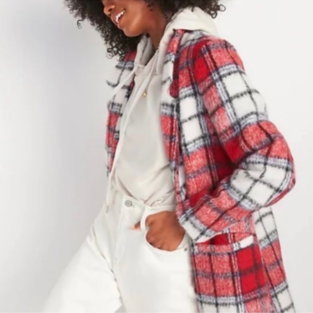 Old Navy Red and White Plaid Teddy Jacket